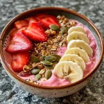 Close-up view of a colorful smoothie bowl topped with fresh fruits and seeds.