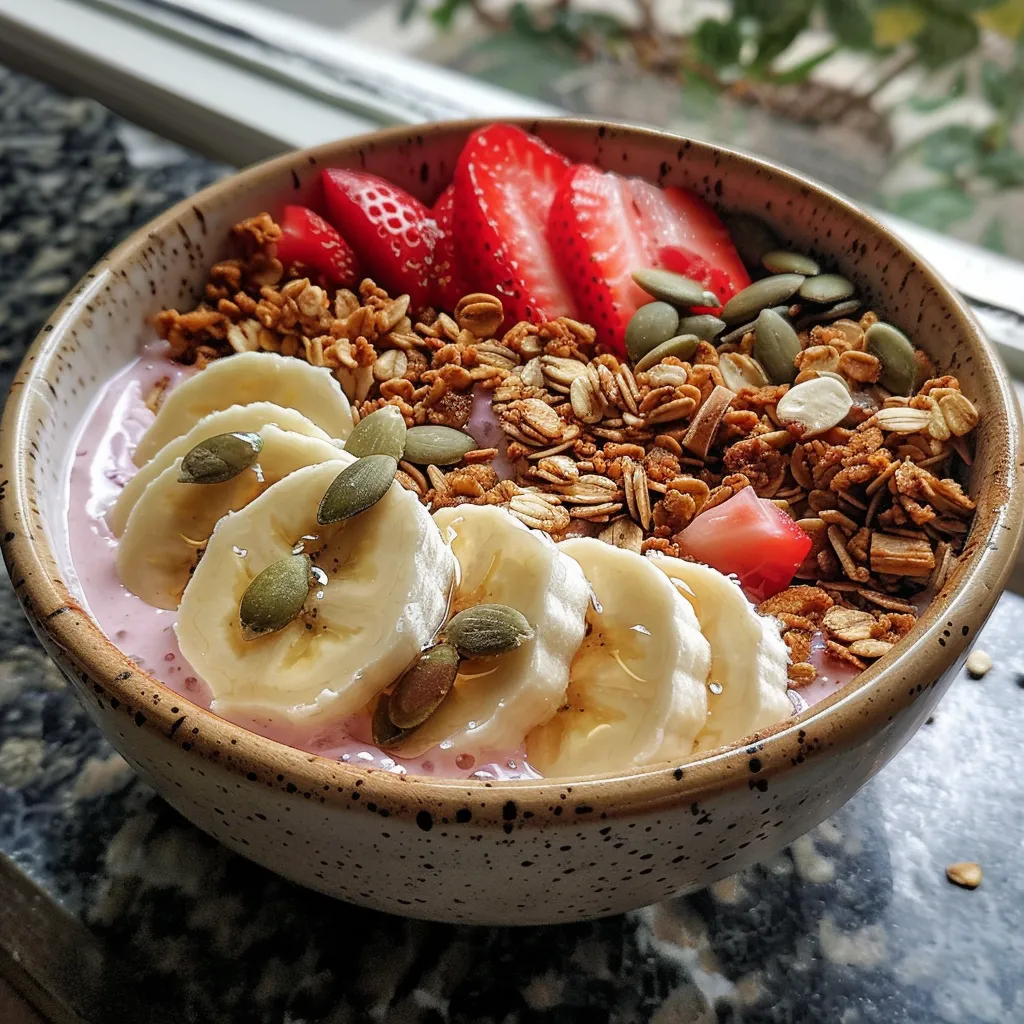 Side view of a vibrant smoothie bowl filled with yogurt, sliced banana, and strawberries.
