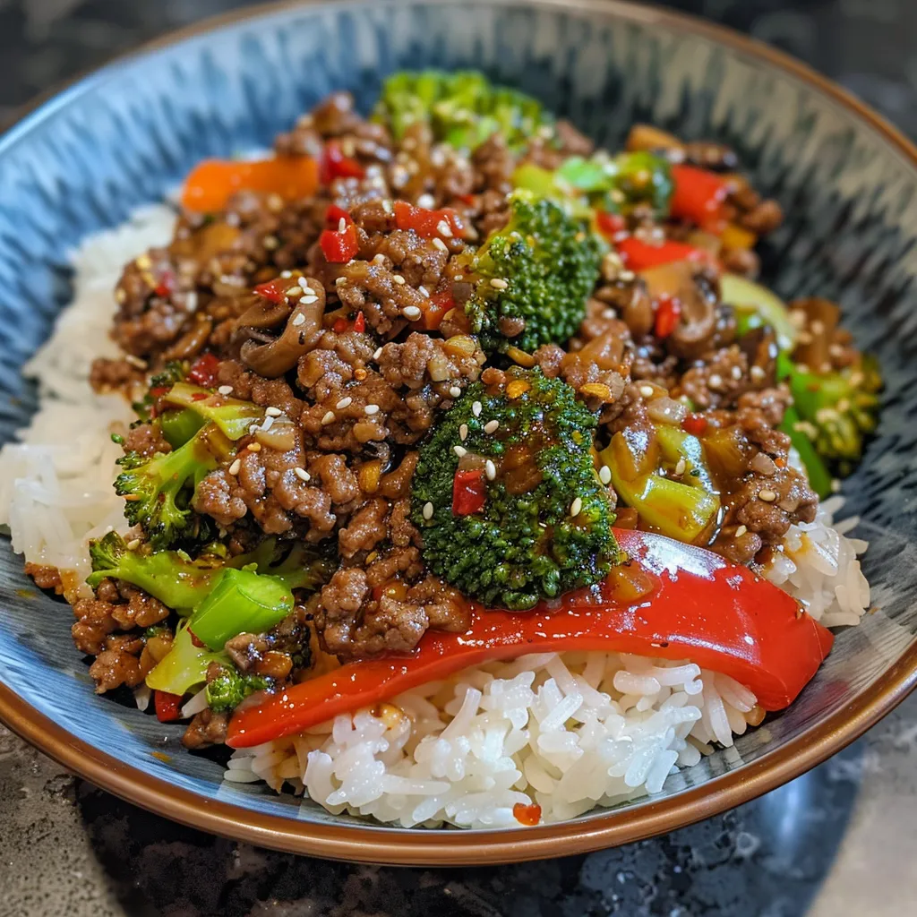 Side angle of a vibrant dish featuring spicy ground beef, broccoli, red bell pepper, and zucchini over rice.