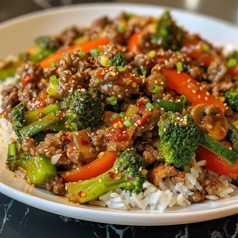 Close-up of a delicious spicy ground beef stir-fry bowl with vibrant veggies.