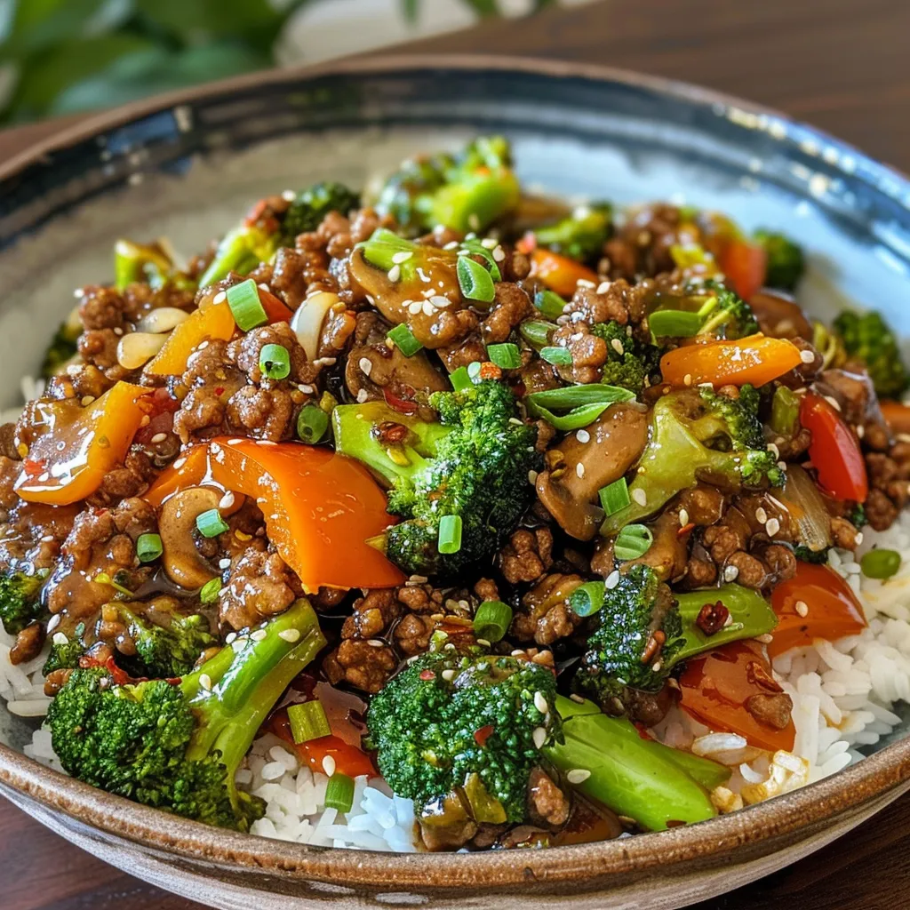Side view of a colorful stir-fry bowl featuring juicy ground beef and garlic-infused vegetables.