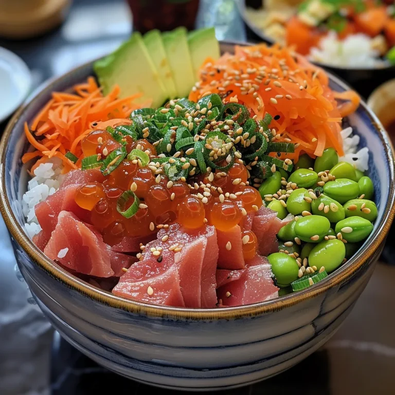 A close-up side view of a spicy tuna rice bowl featuring vibrant ingredients.