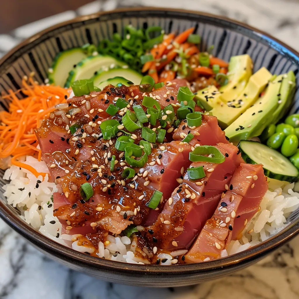 A detailed view of a sushi rice bowl topped with spicy tuna and colorful vegetables.