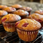 Close-up side view of moist strawberry banana muffins on a plate.