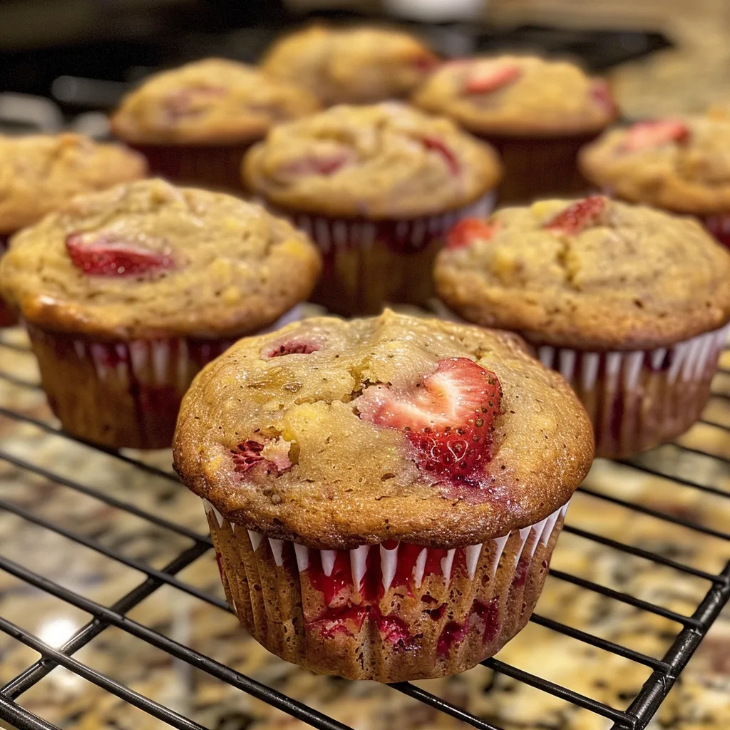 Juicy strawberry banana muffins with visible strawberry pieces and a golden-brown top.
