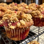 Close-up of freshly baked strawberry muffins with a golden brown top and visible chunks of strawberries.