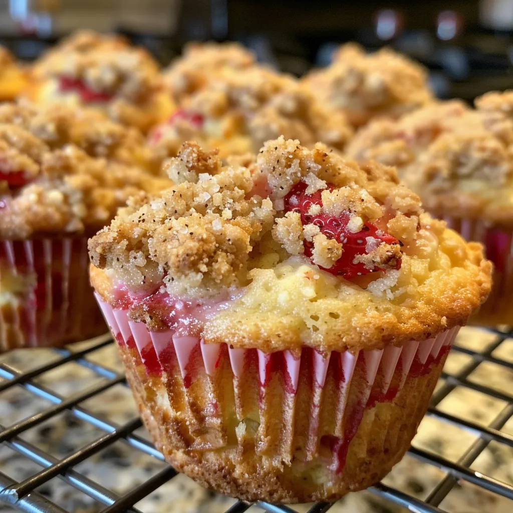 Side view of strawberry muffins showcasing their fluffy texture and a sprinkle of streusel topping.