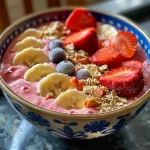Close-up view of a vibrant strawberry smoothie bowl topped with fresh strawberries and banana slices.