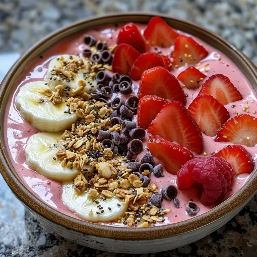 Side view of a creamy strawberry smoothie bowl garnished with granola and mint leaves.