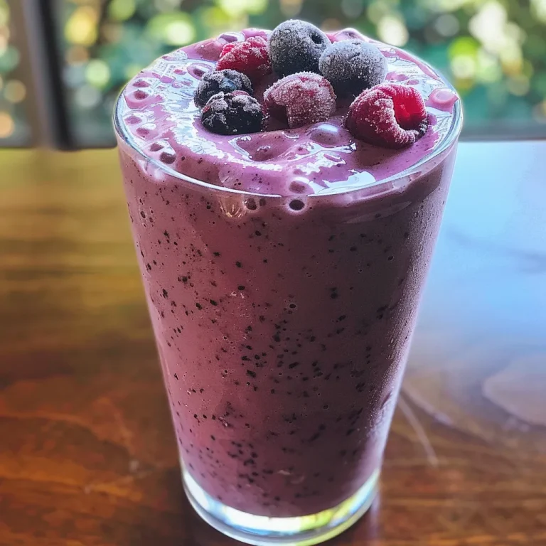 Close-up view of a vibrant triple berry smoothie in a glass.