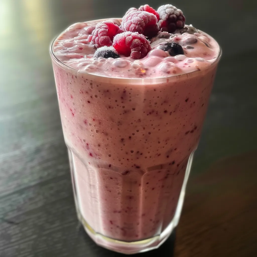 A thick, colorful protein smoothie made with mixed berries.