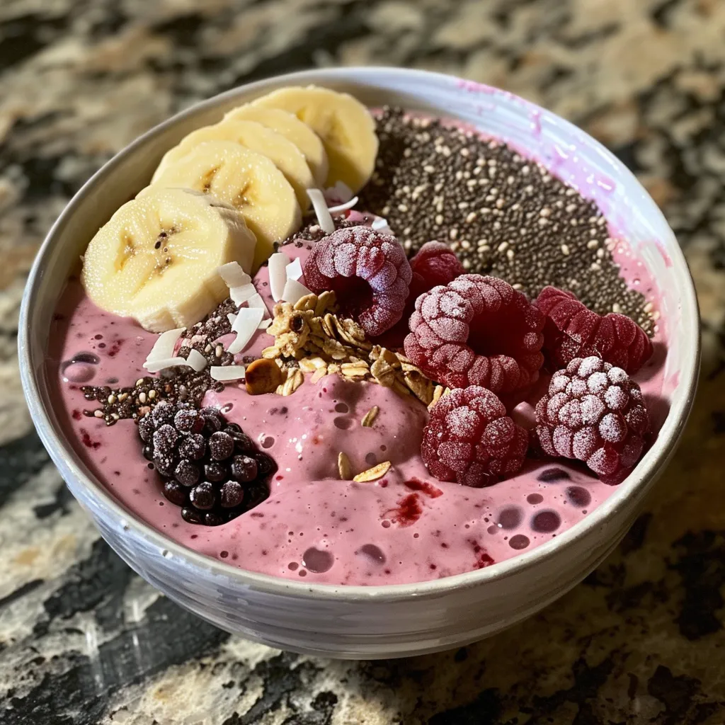 Thick smoothie bowl made with mixed berries, banana, and protein powder, garnished with nuts and seeds.