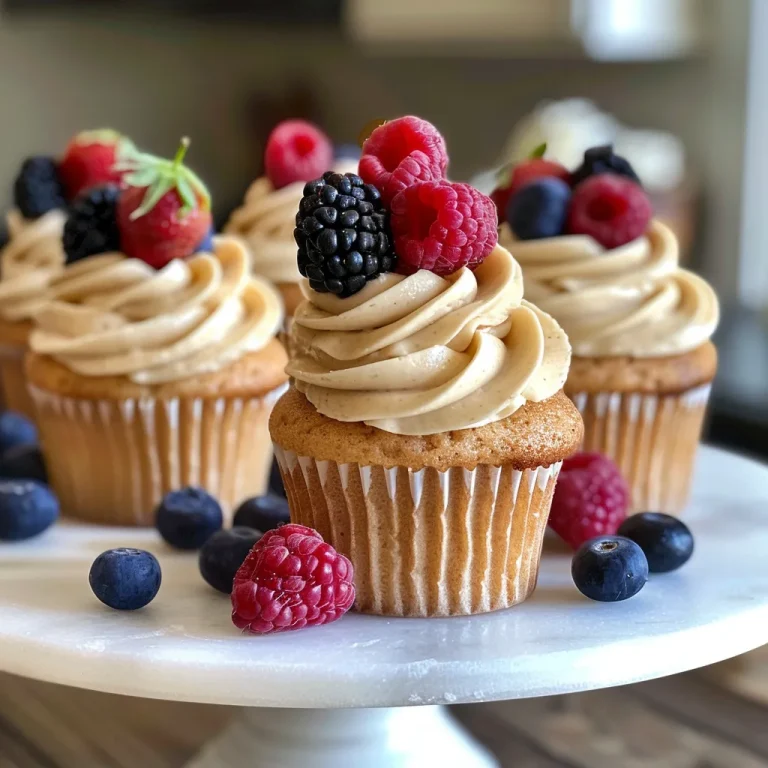 Close-up side view of vanilla cupcakes with almond flour, frosted and decorated with fresh berries.