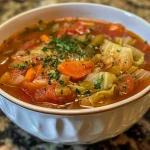 A close-up view of a steaming bowl of Weight Watchers Cabbage Soup, showcasing vibrant green cabbage and colorful vegetables.