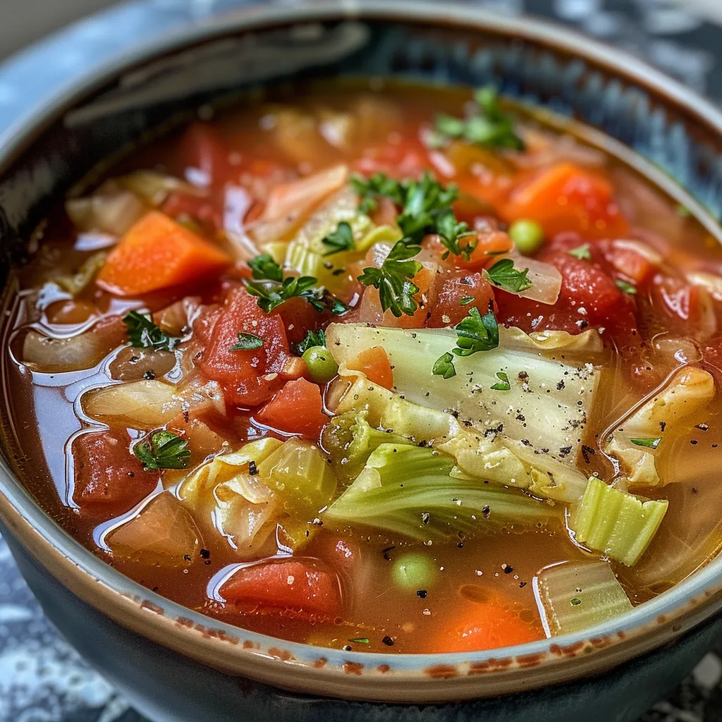 Side view of a hearty bowl of cabbage soup with diced tomatoes and fresh herbs, highlighting its rich textures.