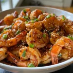 Juicy shrimp glazed with honey garlic sauce, garnished with green onions and sesame seeds.