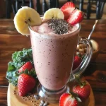 Close-up of a creamy vegan peanut butter banana smoothie in a glass.