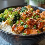 A close-up shot of a bowl filled with sticky chicken, rice, and broccoli.