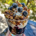 A close-up view of a Greek yogurt parfait layered with granola and mixed berries in a clear jar.