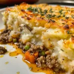 Close-up shot of a golden-brown Shepherd's Pie with visible layers of mashed potatoes and meat filling.