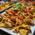 Close-up view of Chicken Nacho Bite Appetizers featuring chicken, cheese, and toppings.