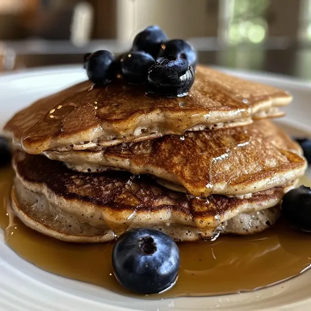Wholesome Blueberry Pancakes for a Nourishing Start Close-up side view of fluffy blueberry protein pancakes stacked on a plate.