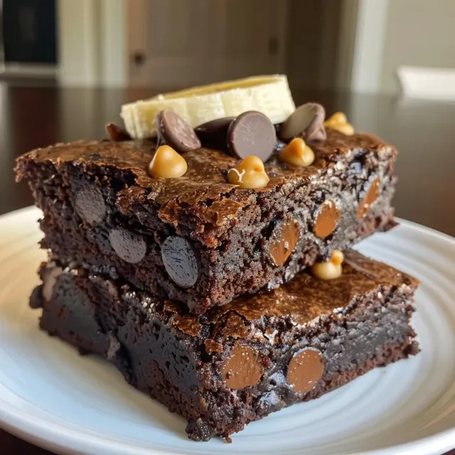 Delightful Banana Brownies A Quick Treat for Any Occasion Close-up of warm, moist banana brownies with chocolate chips, displayed on a wooden surface.