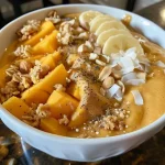 Close-up of a creamy mango coconut smoothie garnished with a slice of lime.