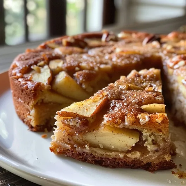 One Bowl Wonder Irresistibly Moist Apple Yogurt Cake Close-up view of a moist apple yogurt cake topped with a sprinkle of brown sugar and cinnamon.