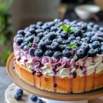 Close-up side view of a fluffy blueberry chiffon cake topped with blueberries and thyme.