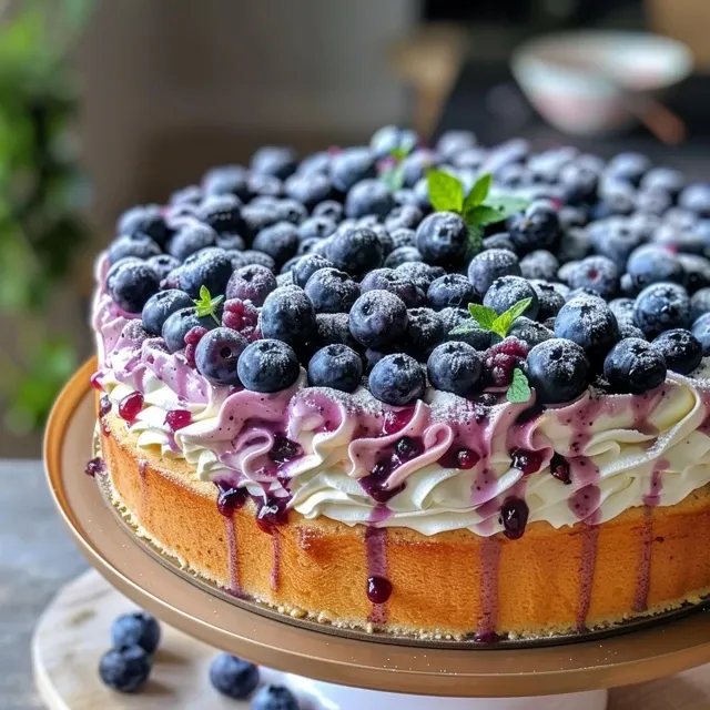 Elevate Your Dessert Game with a Fluffy Blueberry Chiffon Cake Close-up side view of a fluffy blueberry chiffon cake topped with blueberries and thyme.