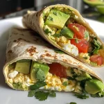 Close-up of a high-protein breakfast wrap with cottage cheese, avocado, and diced tomatoes.