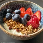 Close-up of a Greek yogurt breakfast bowl topped with fresh berries and granola.