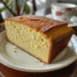 Close-up view of a sliced vanilla yogurt pound cake displaying its moist texture.