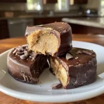 Close-up of frozen chocolate-covered banana bites with peanut butter filling.