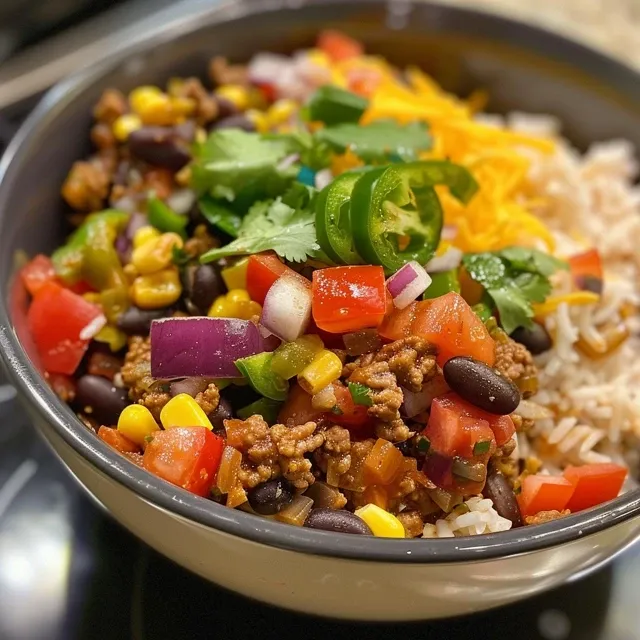 Close-up of a One Pot Burrito Bowl with colorful ingredients arranged in a bowl.