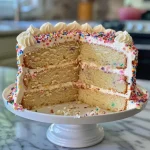 Close-up view of a moist, healthy chocolate cake topped with dark frosting.