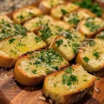 Close-up of a perfectly golden garlic bread, garnished with fresh herbs.