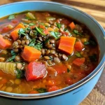 A close-up view of a bowl of hearty tomato lentil soup with vibrant veggies.