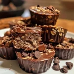 Juicy dark chocolate oatmeal cups stacked with a rich cocoa topping.