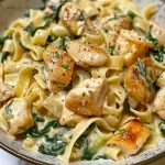 Close-up view of creamy chicken and spinach pasta with vibrant colors and textures.