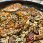 Close-up view of creamy chicken and mushroom skillet with fresh herbs.