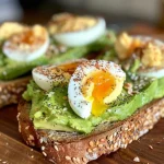 A close-up side view of avocado toast topped with a hard-boiled egg on toasted sourdough.