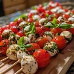 Close-up of colorful Caprese skewers with cherry tomatoes, mozzarella, and basil.