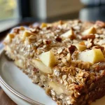 Close-up of a moist healthy apple cake, showcasing its golden brown crust and apple chunks.