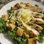 A close-up view of a Kale Caesar Salad topped with grilled chicken breasts and shaved Parmesan.