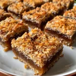 Close-up of a slice of Coconut Caramel Bars with a glossy chocolate topping.