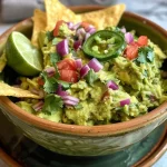 Close-up view of creamy guacamole in a bowl, surrounded by crispy tortilla chips.