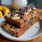 Close-up side view of a slice of healthier chocolate chip banana bread, showcasing its moist texture.