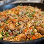 Close-up of a bowl filled with crispy garlic chicken fried rice, garnished with green onions.